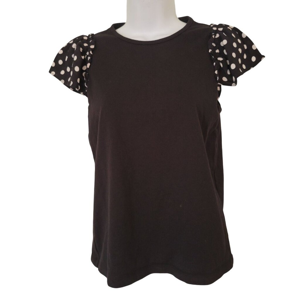 Kate Spade Black Top Ruffle Sleeves XS Blouse‎ LIA Dot Mixed Media Dark Academia